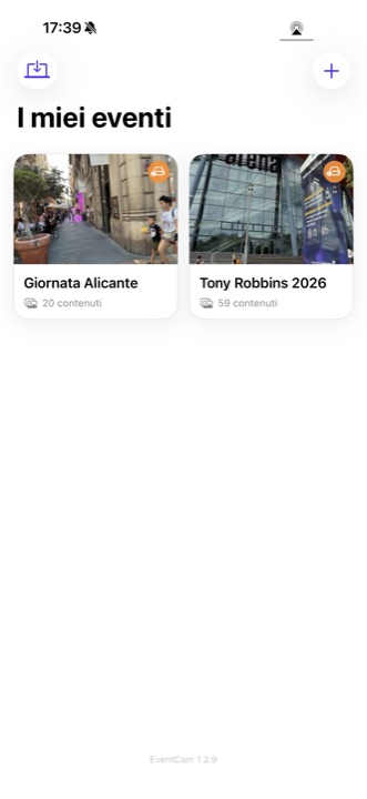 Schermata I miei eventi: ogni evento è una scheda con la sua copertina, il nome e il numero di contenuti.