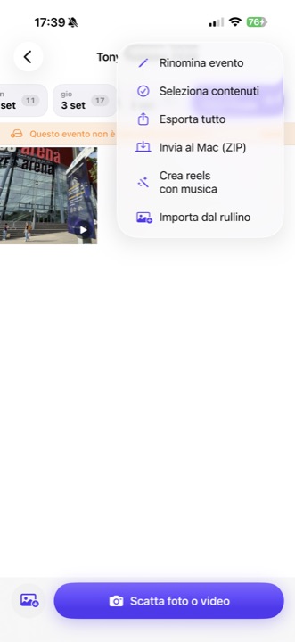 Menu dell'evento aperto: Rinomina evento, Seleziona contenuti, Esporta tutto, Invia al Mac (ZIP), Crea reels con musica, Importa dal rullino.