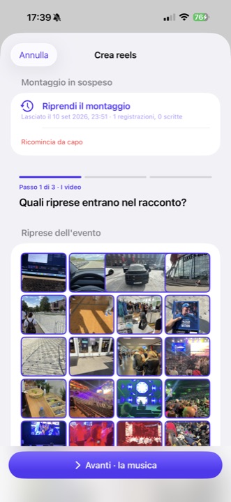 Crea reels, passo 1 di 3: Quali riprese entrano nel racconto, con la griglia delle riprese spuntate e in alto la scheda del montaggio lasciato a metà.