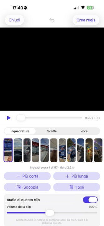 Sala di montaggio, pannello Inquadrature: la striscia delle 57 inquadrature, i comandi Più corta, Più lunga, Sdoppia e Togli, e l'interruttore Audio di questa clip.